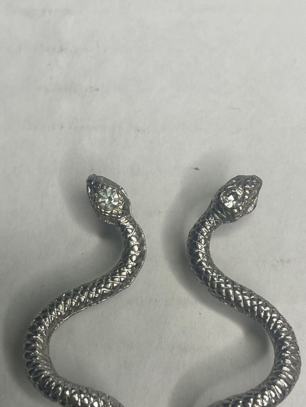 VTG Silver Snake-Shaped Dangle Goth Earrings Textured Design Rhinestone Eyes 80s - Picture 2 of 5
